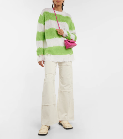 Shop Acne Studios Striped Distressed Sweater In White/fluo Green