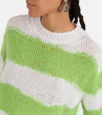Shop Acne Studios Striped Distressed Sweater In White/fluo Green
