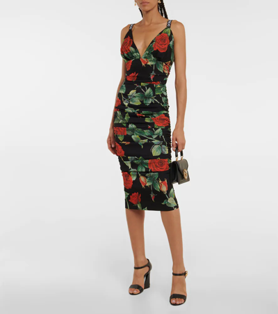 Shop Dolce & Gabbana Floral Silk-blend Charmeuse Midi Dress In Rose Fdo Nero