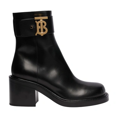 Shop Burberry Monogram Motif Leather Block-heel Boots In Black