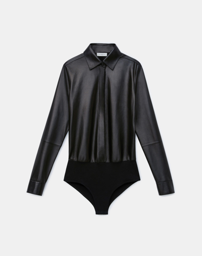 Shop Lafayette 148 Nappa Lambskin Button-down Bodysuit In Black