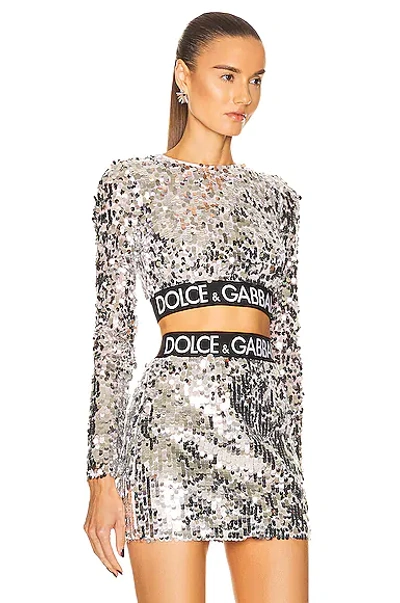 Shop Dolce & Gabbana Long Sleeve Sequin Crop Top In Silver