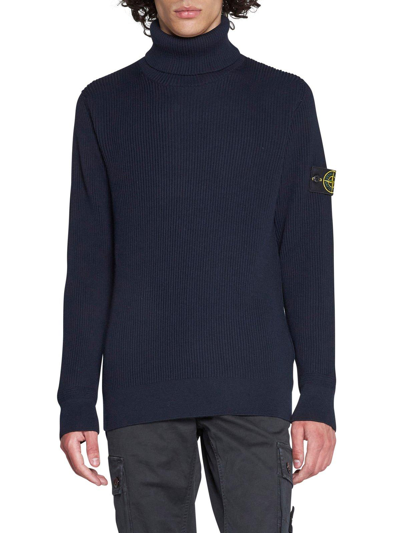 Stone Island Crew-neck Wool Blend Sweater With Logo Patch In Navy