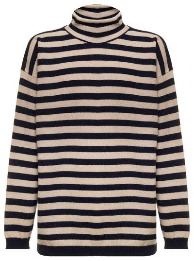 Shop Lardini Beige And Blue Turtleneck In Knitted Wool Alpaca Blend With Jacqauard Striped Pattern Motif M