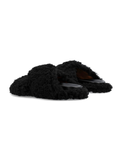 Shop Marni Shearling Crossed Slides In Black