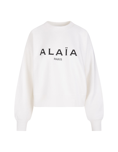 Shop Alaïa Woman White Crew Neck Sweatshirt With Logo In Bianco Nero