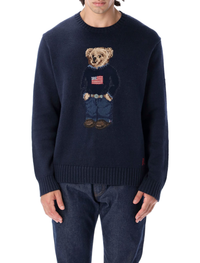 Shop Polo Ralph Lauren Bear Intarsia Crewneck Sweater In Navy