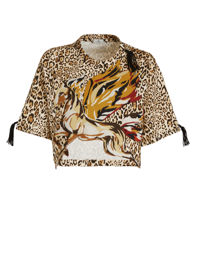 Shop Etro Woman Crop Animalier T-shirt With Pegasus And  Cube Logo