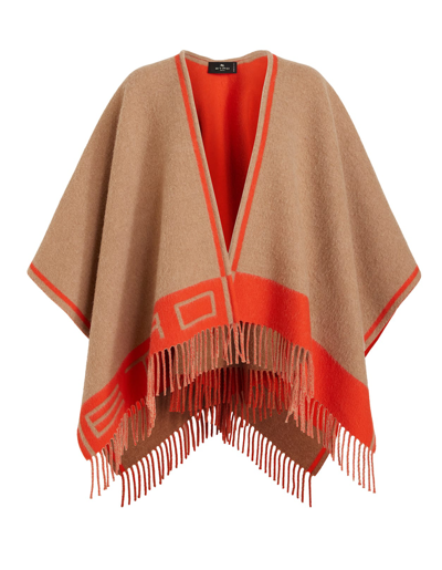 Shop Etro Woman Beige And Orange Jacquard Wool And Cashmere Cape