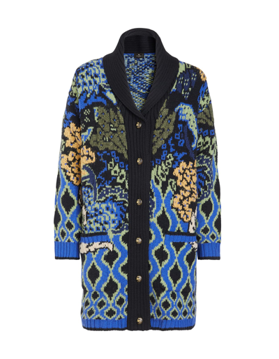 Shop Etro Woman Midi Coat In Blue Jacquard Knit