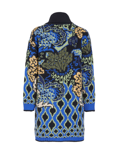 Shop Etro Woman Midi Coat In Blue Jacquard Knit