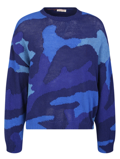 Shop Valentino Pullover Made Of Pure Virgin Wool With A Camouflage Pattern In Blue