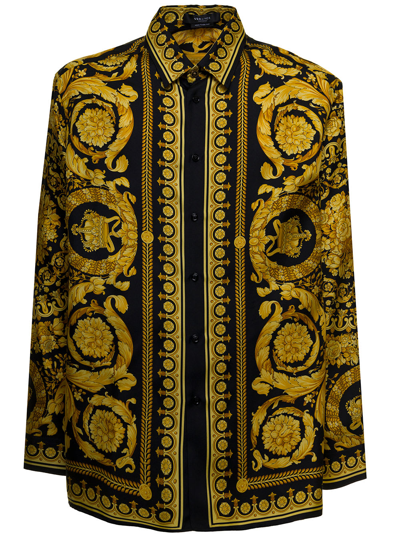 Shop Versace Barocco Gold And Black Shirt In Silk Twill With Allover Printed Pattern  Man