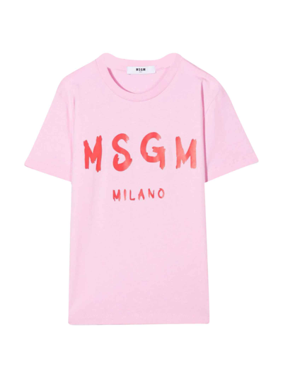 Shop Msgm Pink Unisex T-shirt With Logo On The Front, Round Neckline, Short Sleeves And Straight Hem By . In Rosa