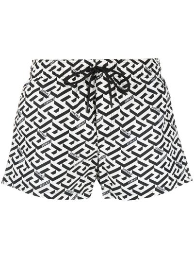 Shop Versace La Greca-print Swim Shorts In White