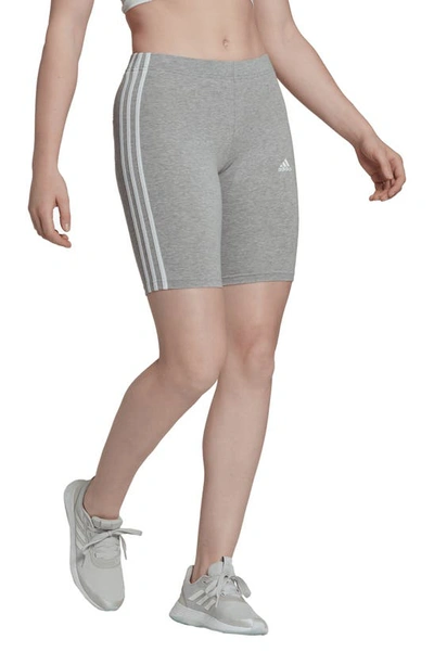 Shop Adidas Originals Essential 3-stripes Bike Shorts In Medium Grey Heather/ White