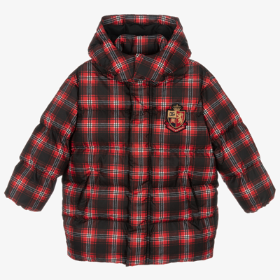 Shop Dolce & Gabbana Red Check Hooded Puffer Coat