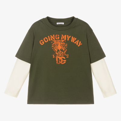 Shop Dolce & Gabbana Boys Khaki Green Logo T-shirt