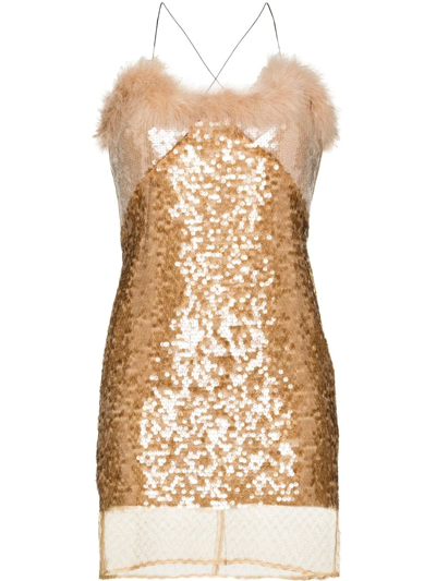 Shop 16arlington Umaia Feather-trim Sequinned Dress In Neutrals