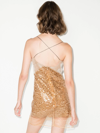 Shop 16arlington Umaia Feather-trim Sequinned Dress In Neutrals