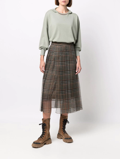 Brunello Cucinelli Pleated Silk Houndstooth Midi Skirt With Monili Tab In Brown