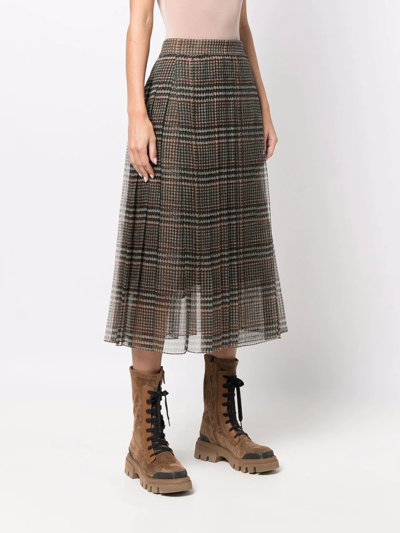 Brunello Cucinelli Pleated Silk Houndstooth Midi Skirt With Monili Tab In Brown
