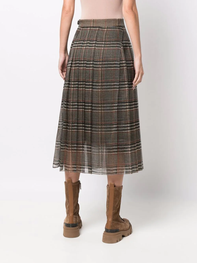 Brunello Cucinelli Pleated Silk Houndstooth Midi Skirt With Monili Tab In Brown