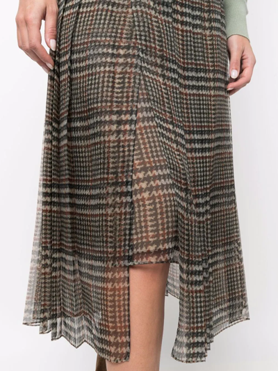 Brunello Cucinelli Pleated Silk Houndstooth Midi Skirt With Monili Tab In Brown