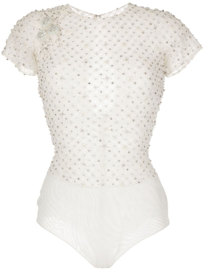 Shop Saiid Kobeisy Bead-embellished Short-sleeve Bodysuit In White