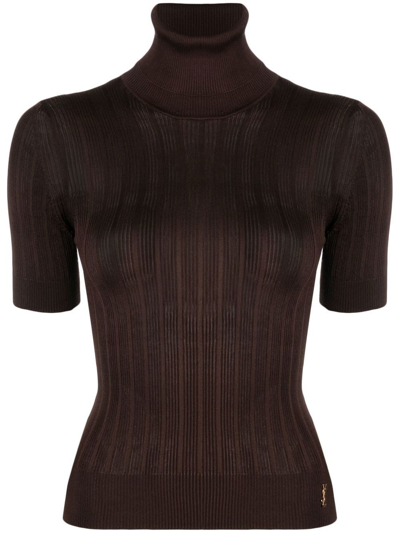 Shop Saint Laurent Ribbed-knit Roll-neck Top In Brown