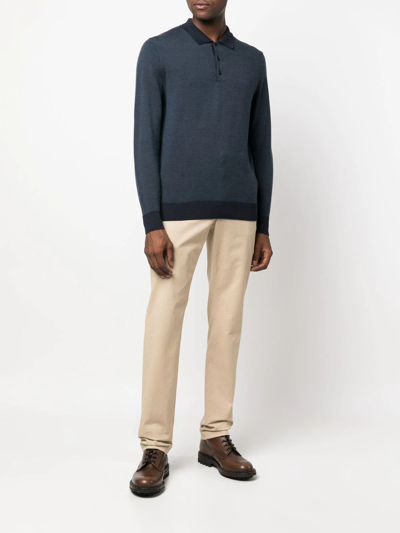 Shop Canali Long-sleeve Wool Polo Shirt In Blue