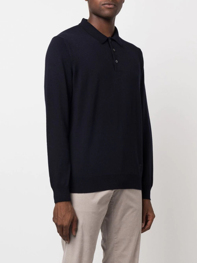 Shop Corneliani Virgin-wool Long-sleeve Polo Shirt In Blue