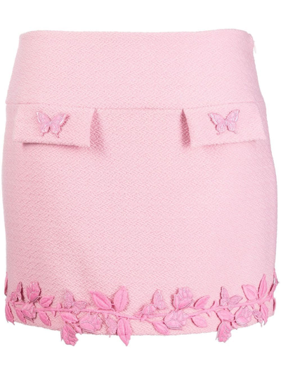 Shop Blumarine Floral-appliqué High-waisted Skirt In Pink