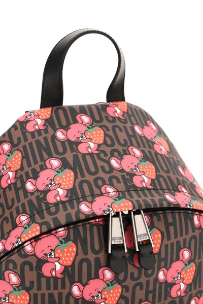 Shop Moschino Allover Graphic Printed Zipped Backpack In Brown