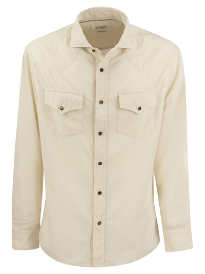 Shop Brunello Cucinelli Garment-dyed Corduroy Leisure Fit Shirt With Press Studs, Epaulettes And Pockets In Cream
