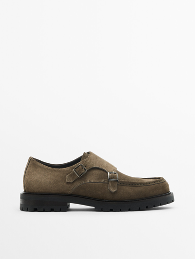 Shop Massimo Dutti Split Suede Monk Shoes In Sand