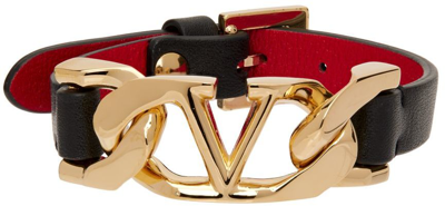 Shop Valentino Black Vlogo Chain Leather Bracelet In 0sm Nero/rouge Pur