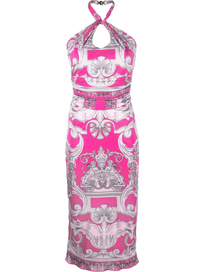 Shop Versace Silver Baroque-print Halterneck Midi Dress In 粉色