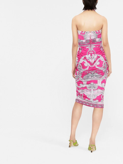 Versace Silver Baroque Printed Halter Body-con Midi Dress In 粉色