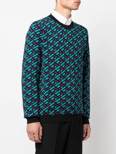 Shop Versace La Greca Jacquard Wool Jumper In 蓝色