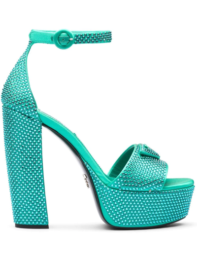 Shop Prada Crystal-studded 135mm Satin Platform Sandals In 绿色