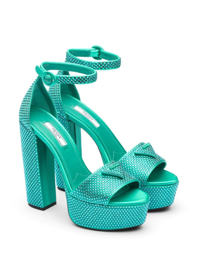 Shop Prada Crystal-studded 135mm Satin Platform Sandals In 绿色