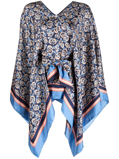 Ferragamo Animal-print Silk Poncho In 蓝色