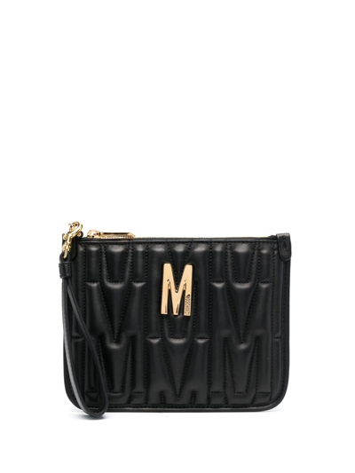 Shop Moschino Quilted Logo-plaque Clutch Bag In Black