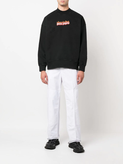 Palm Angels Burning Logo Classic Tee L/s In 1001 Blach White