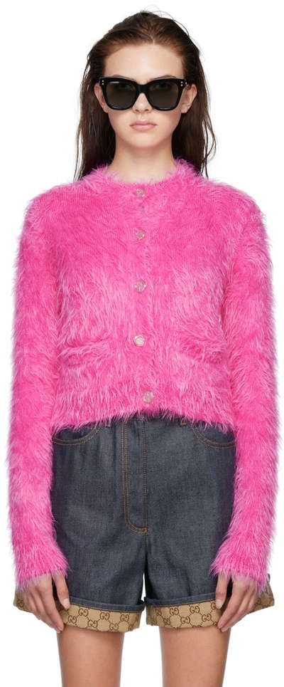 Shop Gucci Pink Shag Knit Cardigan In 5614 Fucsia Pink