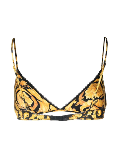 Shop Versace Barocco-print Silk Bra In Gold