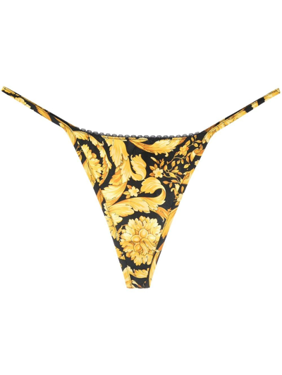 Shop Versace Barocco-print Silk Thong In Gold