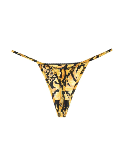 Shop Versace Barocco-print Silk Thong In Gold
