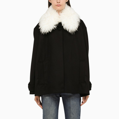 Shop Stella Mccartney Black Wool Pea Coat With Faux Fur Collar